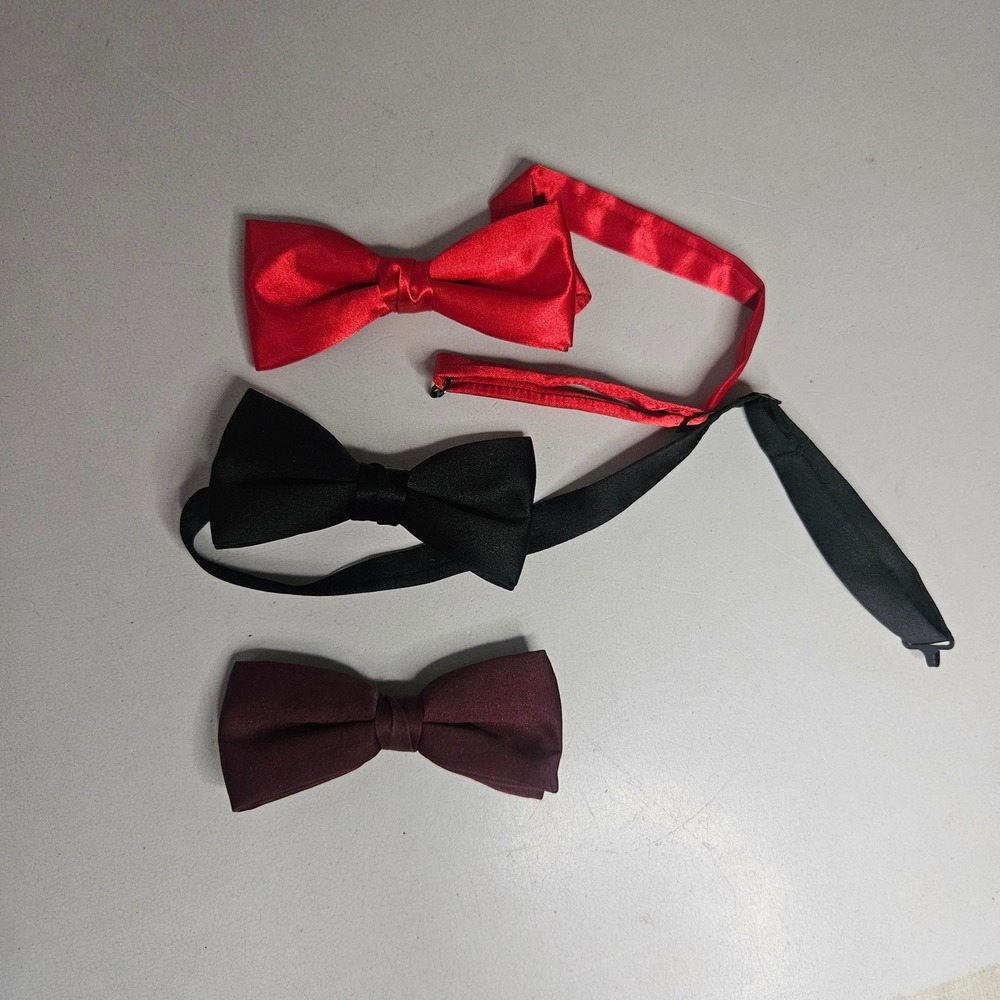 Lot of 3 Mens Bow Ties Red Black Burgundy Formal Adjustable & Clip On Set